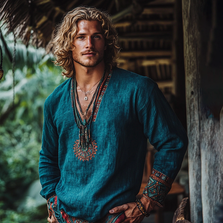 VChics Men's Bohemian Holiday Style Linen Printed Casual Long Sleeve Tops