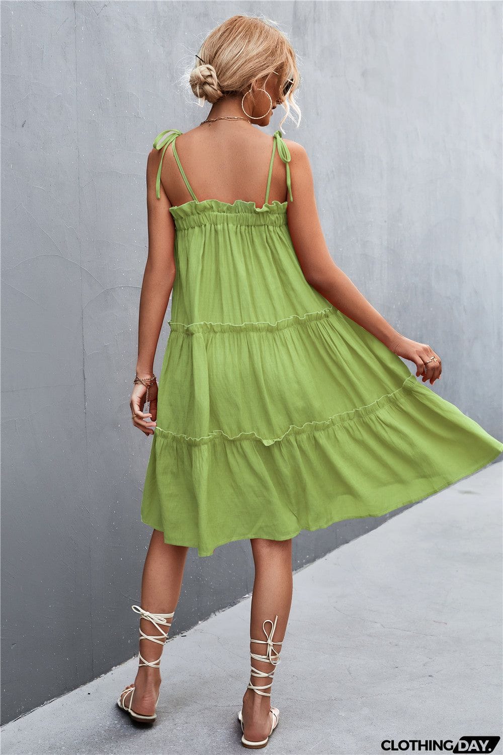Tie-Shoulder Frill Trim Sleeveless Dress