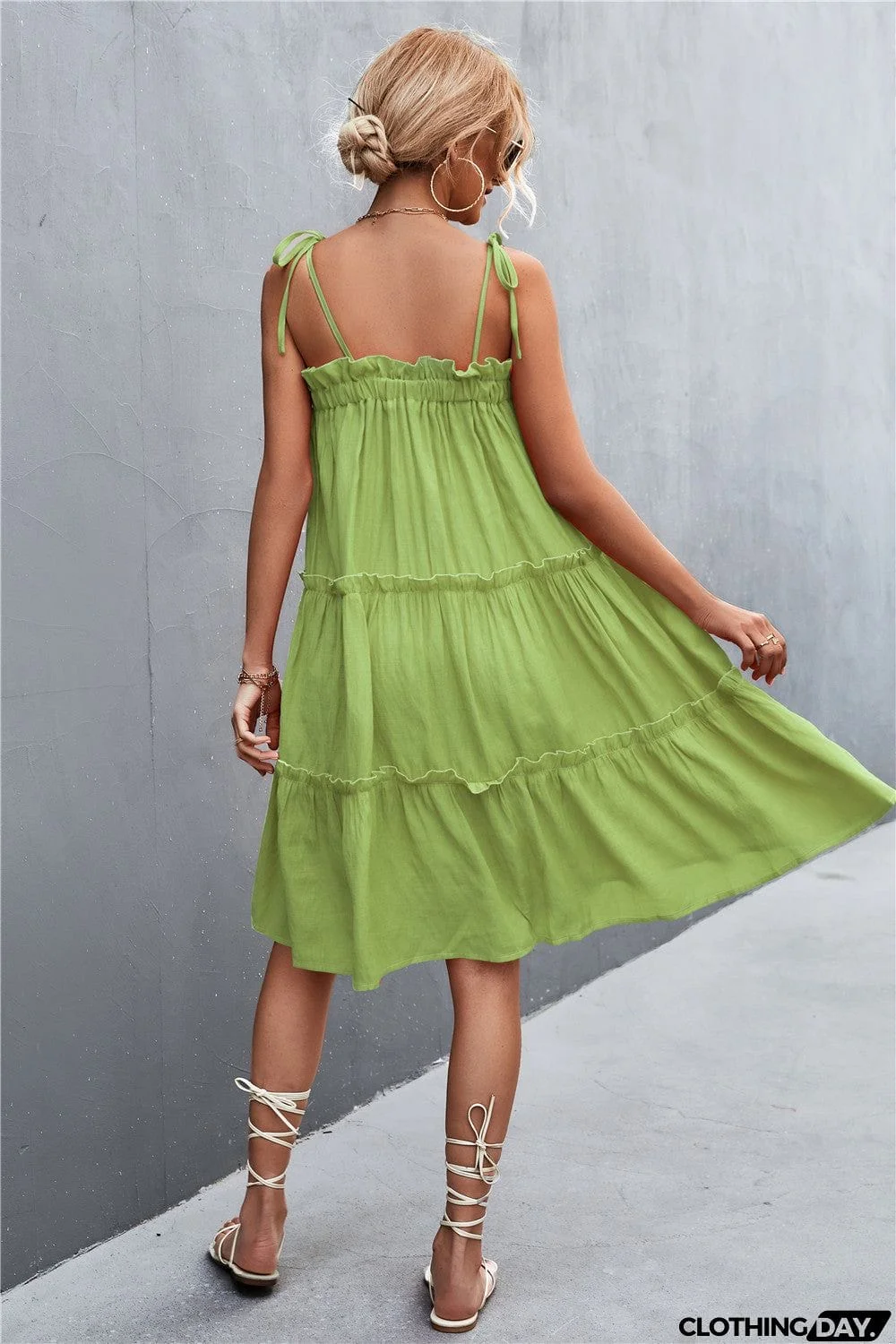 Tie-Shoulder Frill Trim Sleeveless Dress