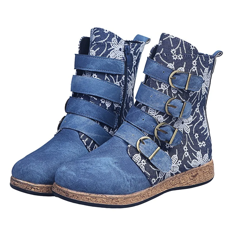 New Socofy Women Boots Retro Printed Metal Buckle Soft Leather Zipper Ankle Boots Ladies Shoes Women Botines Mujer 2021