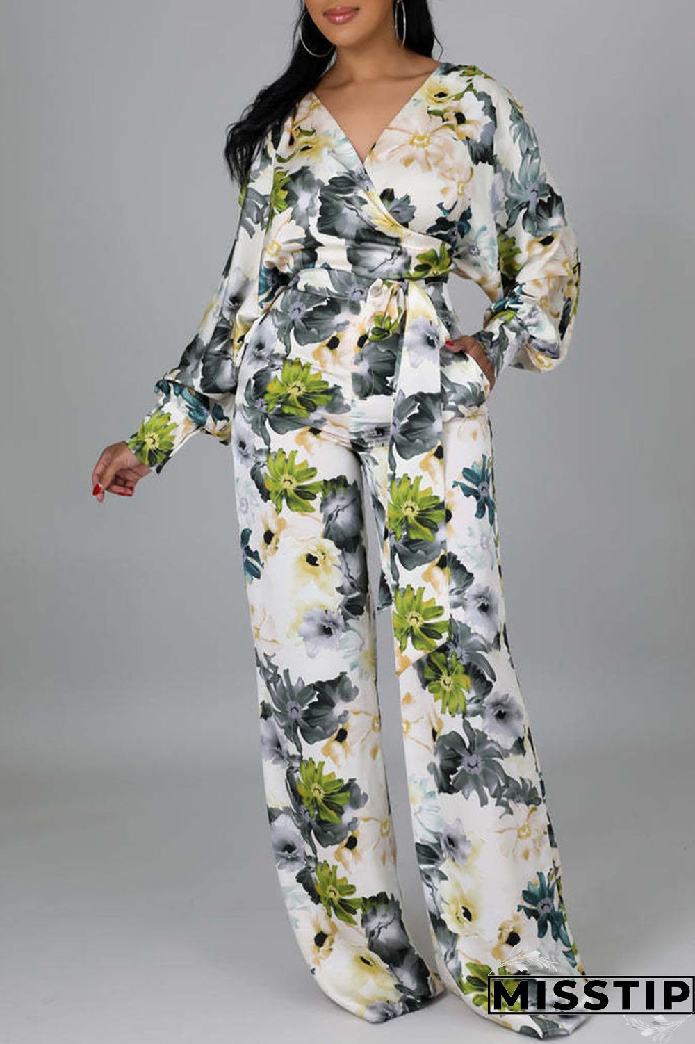 Multicolor Casual Print Bandage Patchwork V Neck Long Sleeve Two Pieces