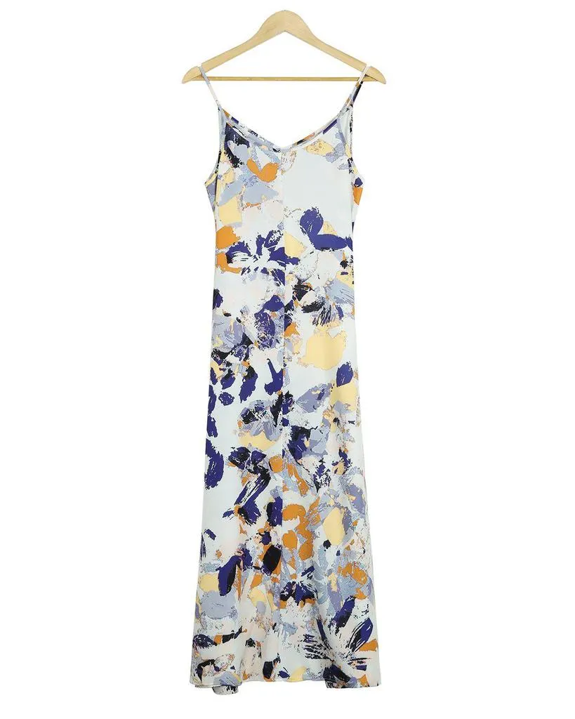 Elegant Spaghetti Straps V-Neck Printed Maxi Dress-vocosishoes