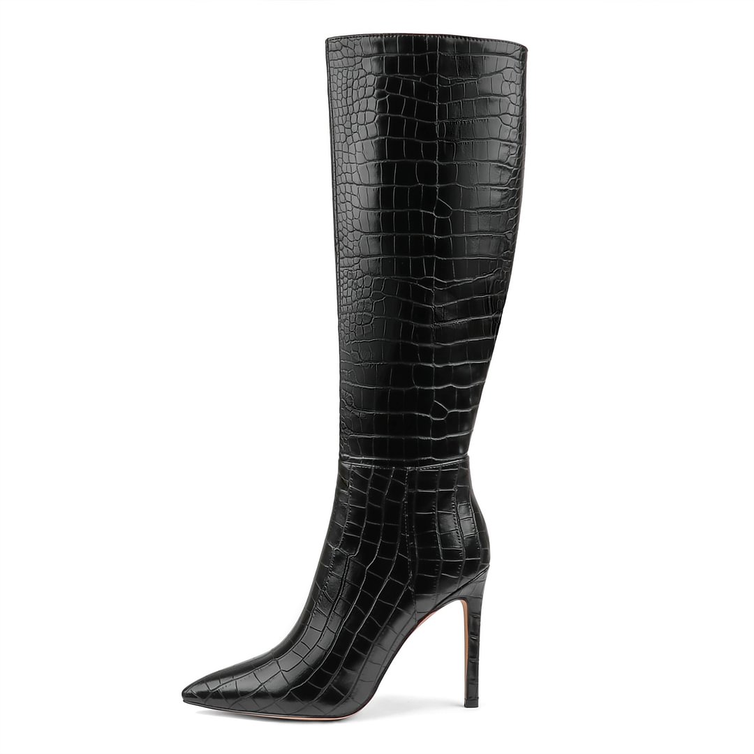 100mm Fashion Zipper Leather High Heels Knee Boots-MERUMOTE