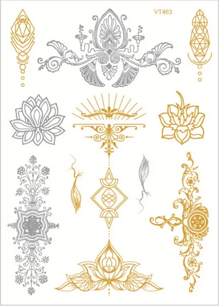 Sdrawing temporary tattoo sticker henna choker flower butterfly metal sexy women bride tribe flash metallic gold silver tattoo