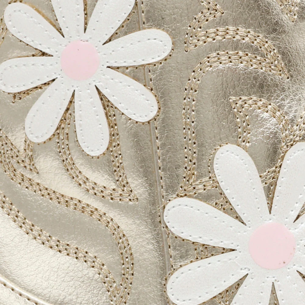 Champagne Pointed Toe Flower Stacked Heel Zipper Booties for Women