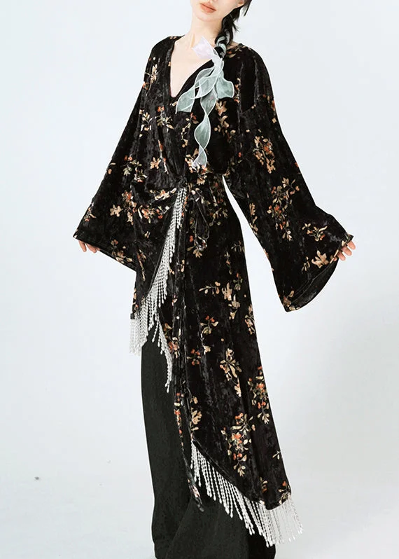 Chic Black Asymmetrical Print Lace Up Velour Silk Dress Spring