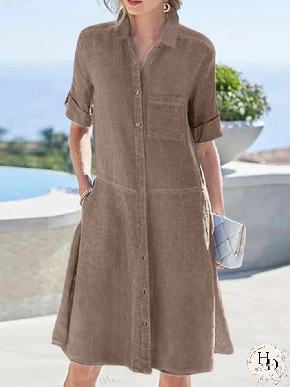 Women Solid Lapel Button Up Shirt Dress With Sleeve Tabs