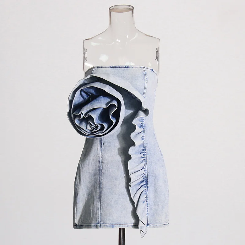 Zingj Australian Trendy Sweet Windy Leaf Side Denim Short Dress 2025 New Slim Short Corset Dress Woman