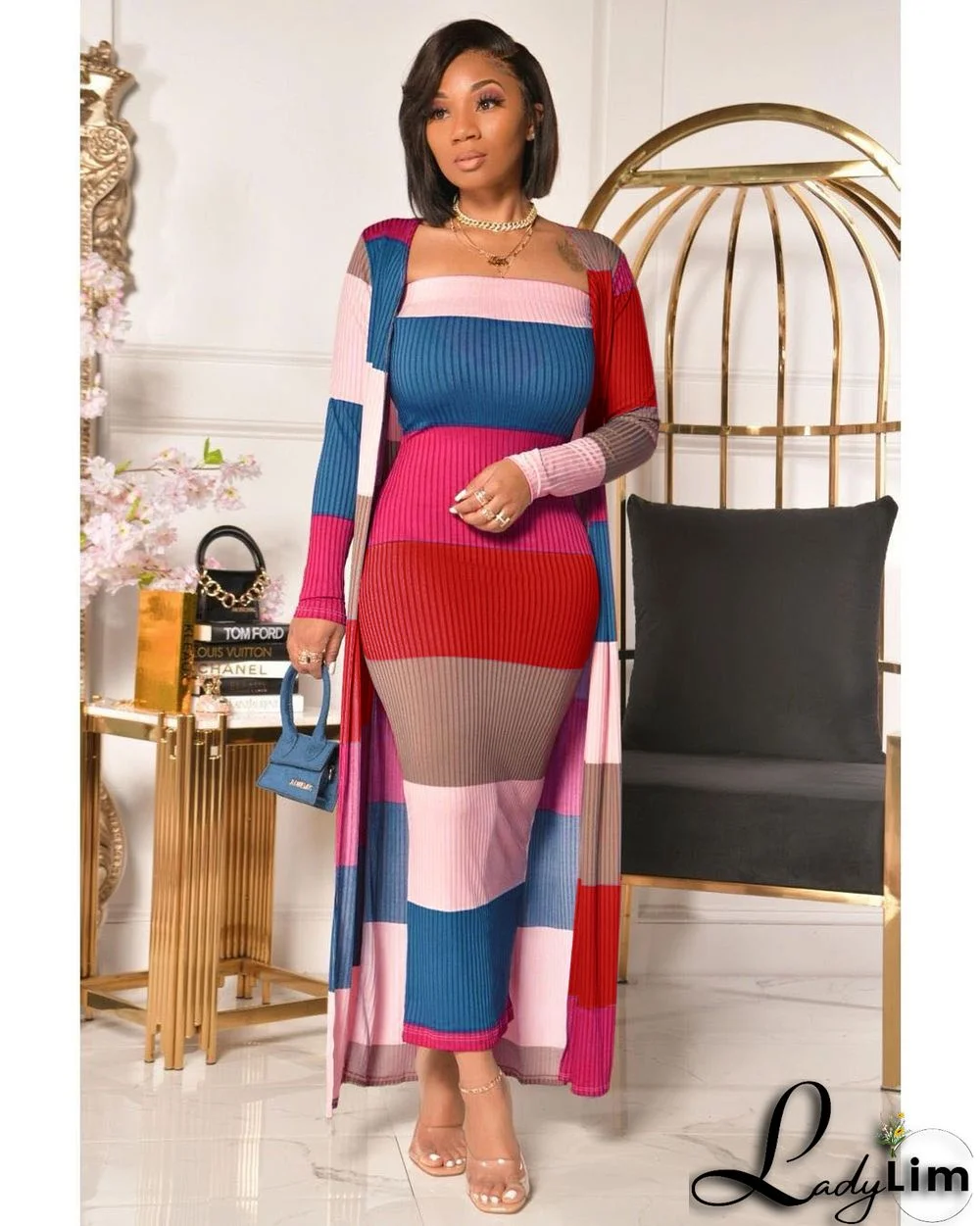 Plus Size Women Ribbed Print Colorblock Dress + Long Coat