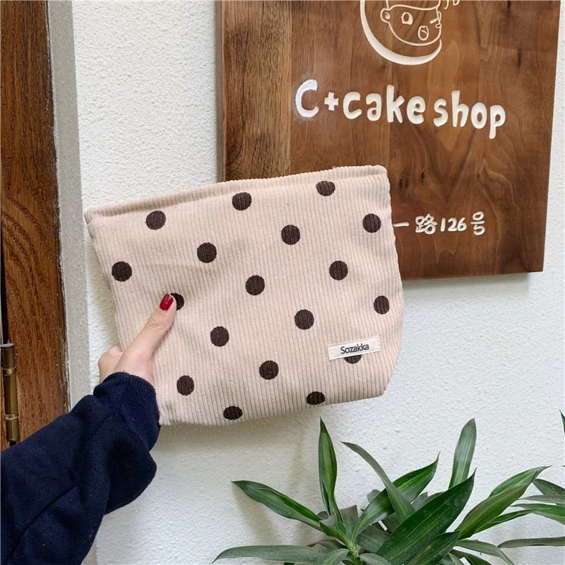 Japanese Style Corduroy Cosmetic Bag Women Handbags Purses Smile&Dots Makeup Organizer Storage Makeup Bag Girls Pencil Case Bags