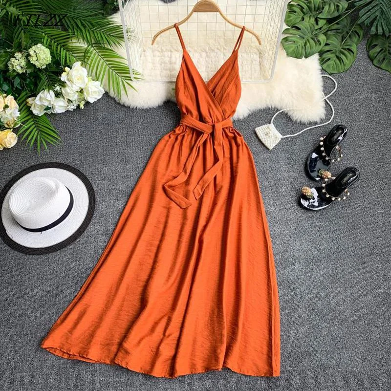 FTLZZ Maldives Holiday Dress Sexy Backless Straps V-neck Dress Women Solid Color Thai Seaside Maxi Long Big Swing Fairy Dress