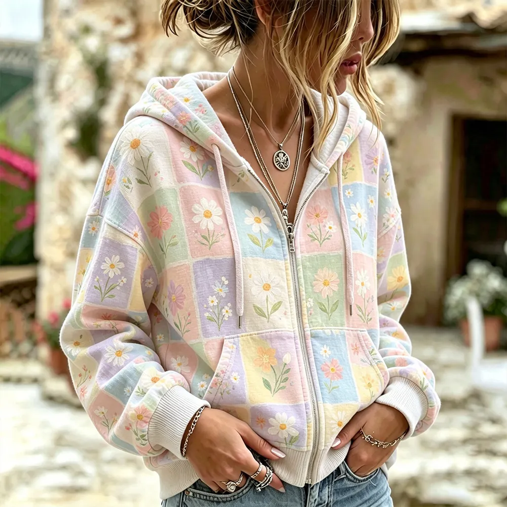 Comstylish Women's Vintage Colorful Floral Art Patchwork Casual Zip-up Hoodie