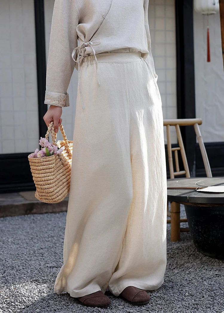 Plus Size Elastic Waist Pockets Linen Wide Leg Pants Spring