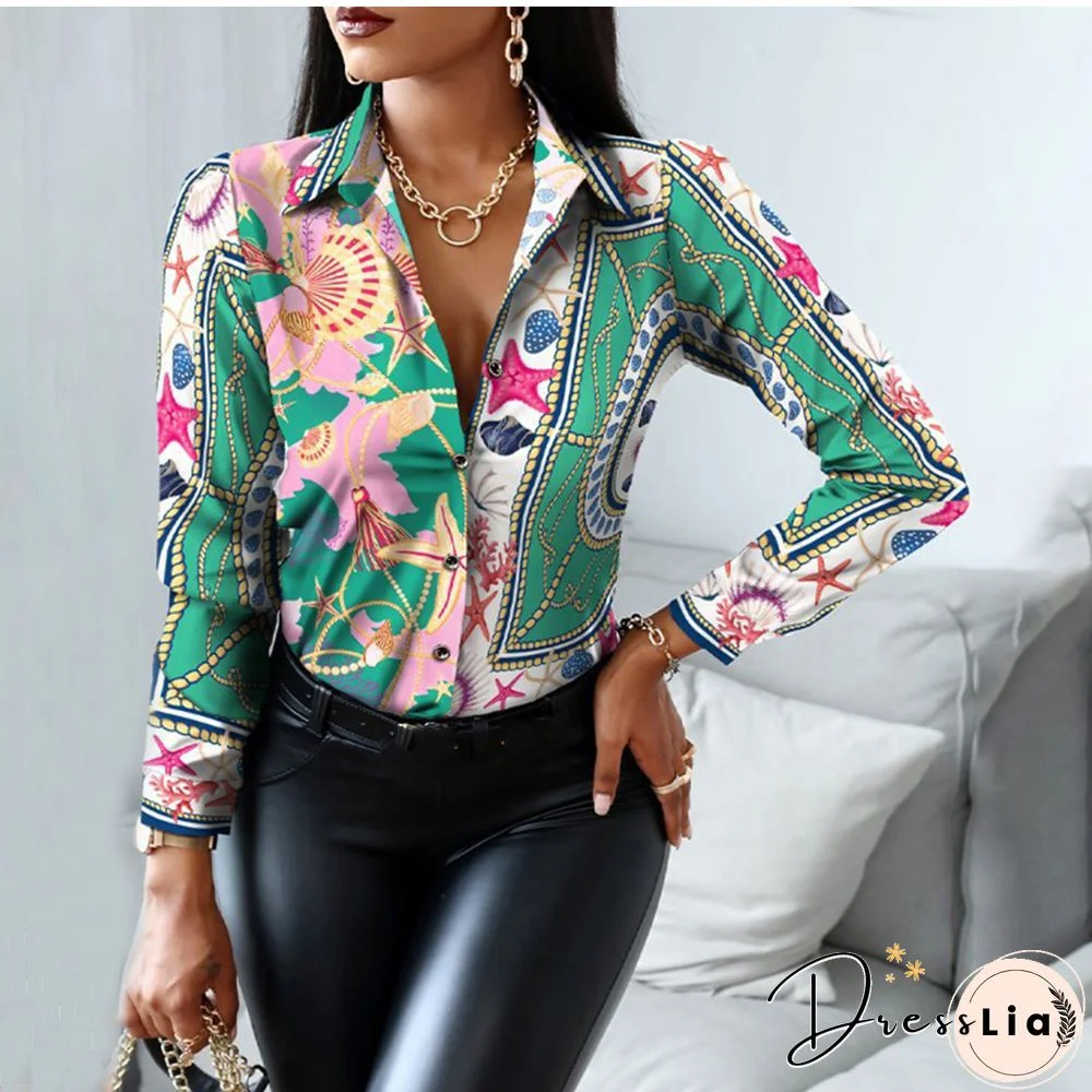 Autumn Women Black Floral Print Top Shirt Fashion Casual Long Sleeve Turn-down Collar Tops Shirts New Elegant Slim Button Shirts
