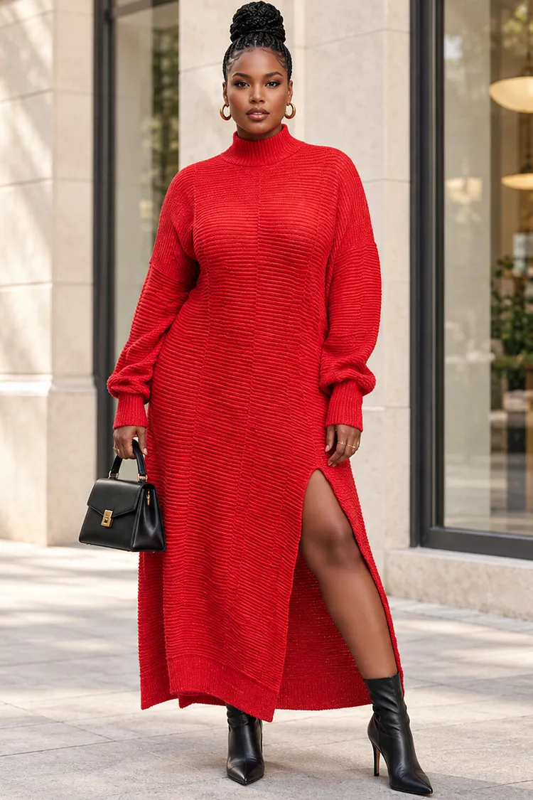 Xpluswear Design Plus Size Business Casual Casual Red Mock Neck Long Sleeve Split Crochet Maxi Dresses [Pre-Order] 2024 - Xpluswear