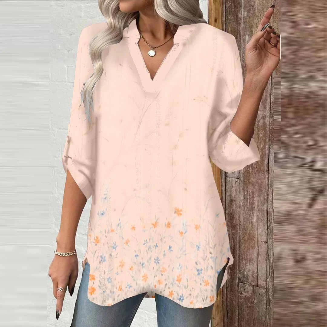 Women Pink, Floral DZGA0530 3/4 Sleeve V-neck Printed Graphic Button Tops