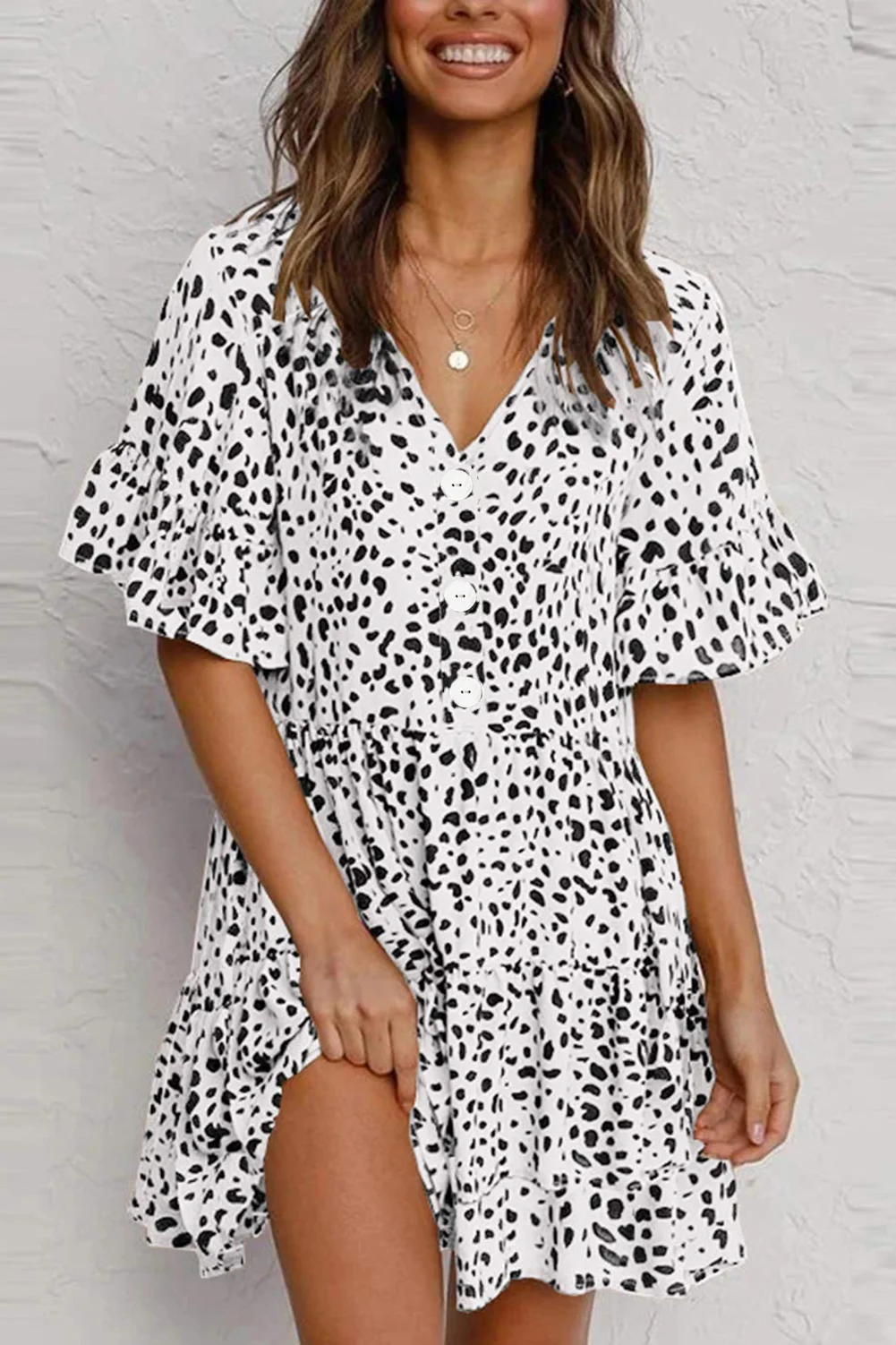 White Leopard V Neck Ruffled Mini Dress with Buttons