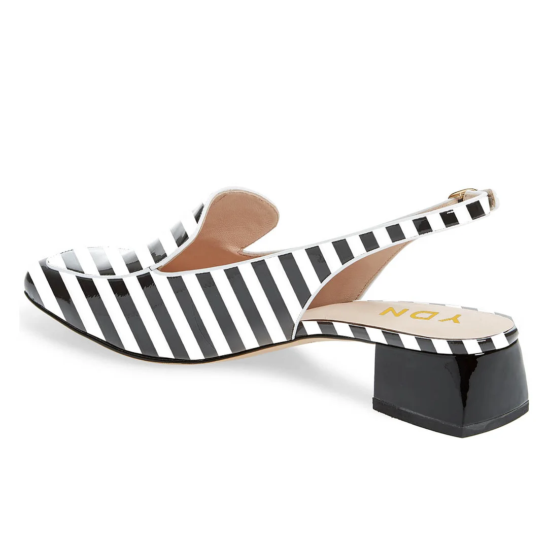 Black & White Stripes Chunky Heel Slingback Loafer Shoes Women