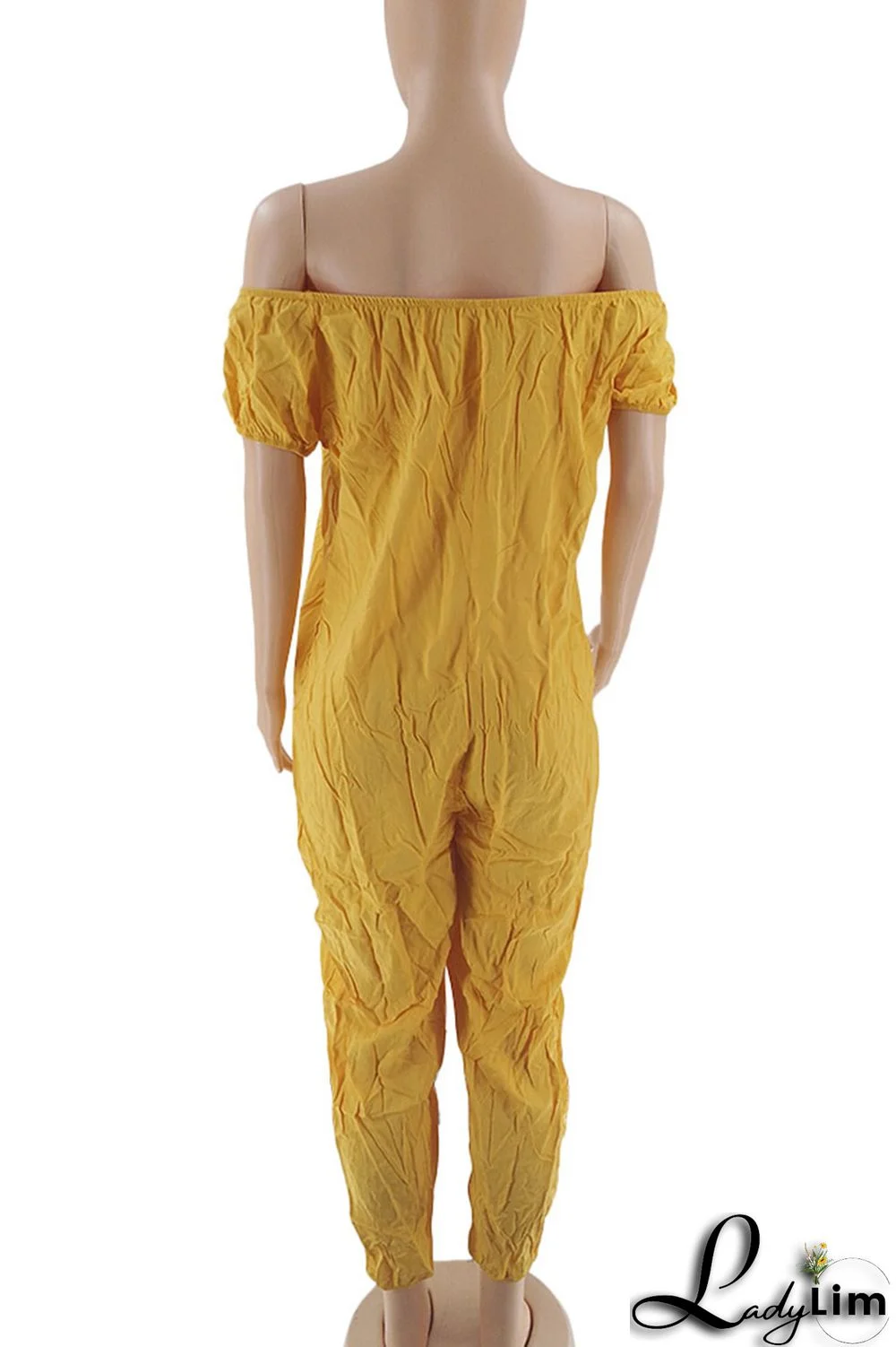 Yellow Casual Print Patchwork Off the Shoulder Loose Jumpsuits