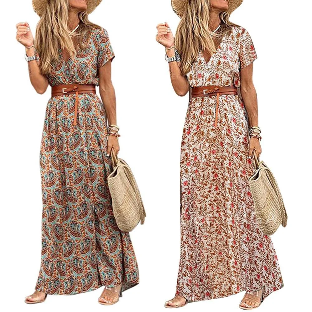 Women's Dress Summer Casual Boho Bohemian Long 2021 Chiffon Oversize Short Sleeve Maxi Beach Dress Casual Elegant Sundress
