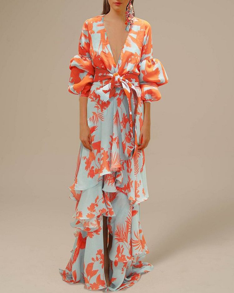 V-neck printed holiday dress