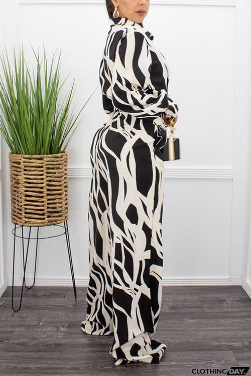 Turndown Collar Lace-Up Digital Print Jumpsuit