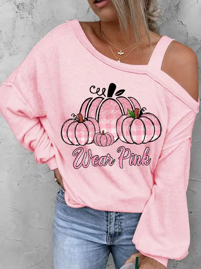 Women's Wear Pink Pumpkin Graphic Asymmetrical Neck Casual Blouse