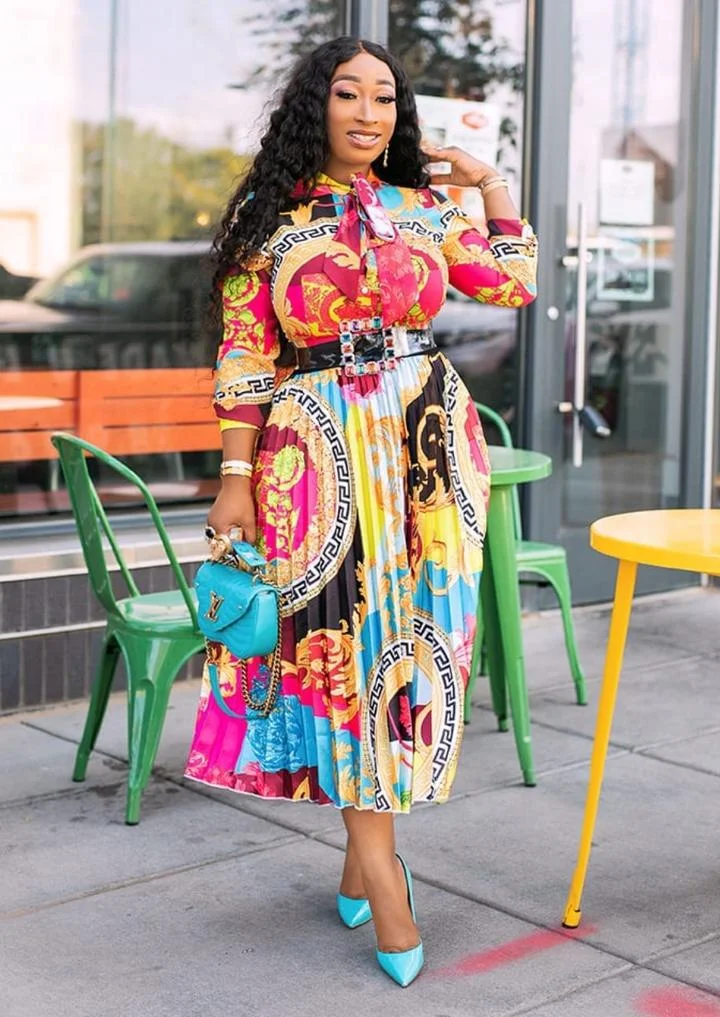 Uveng Uveng Spring And Summer New Wish Dress Large Size Women's Clothing Literary Print 100 Fold Seven Sleeve Long