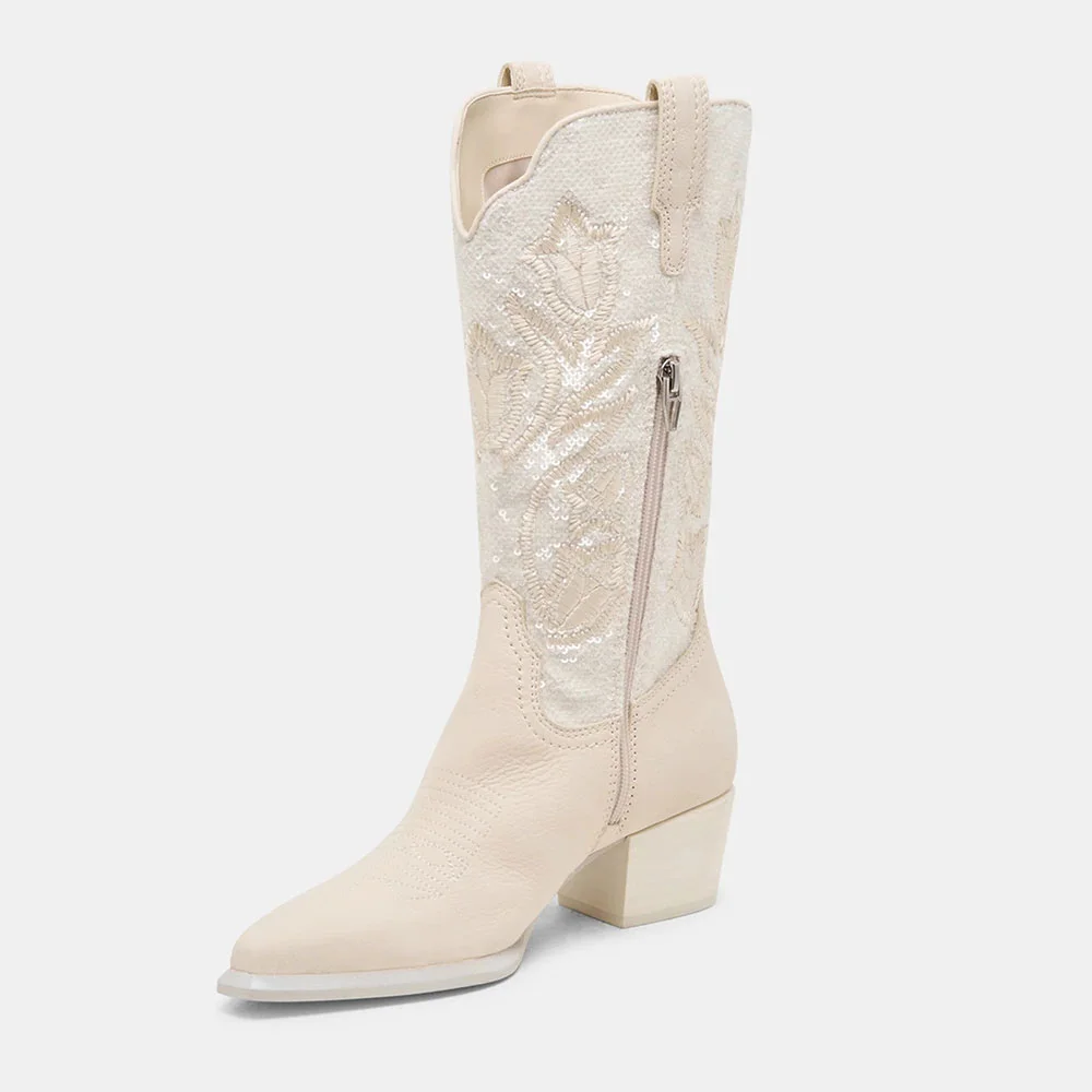 Ivory Snip Toe Chunky Heel Embroidered Zipper Sequins Cowgirl Boots