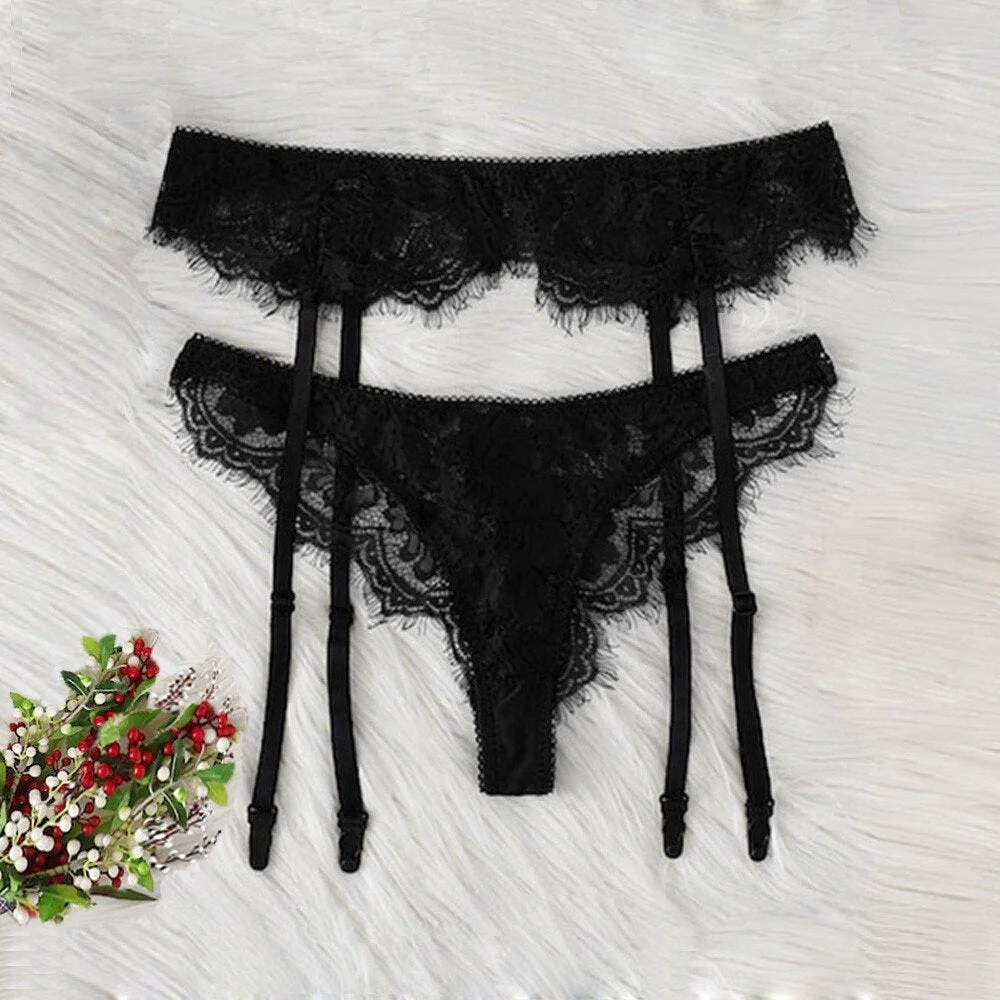 Women Sexy Lace Lingerie Girl Low Waist Thongs Garter Sets Temptation Underwear Floral Lace Pespective Thongs Female Underpants