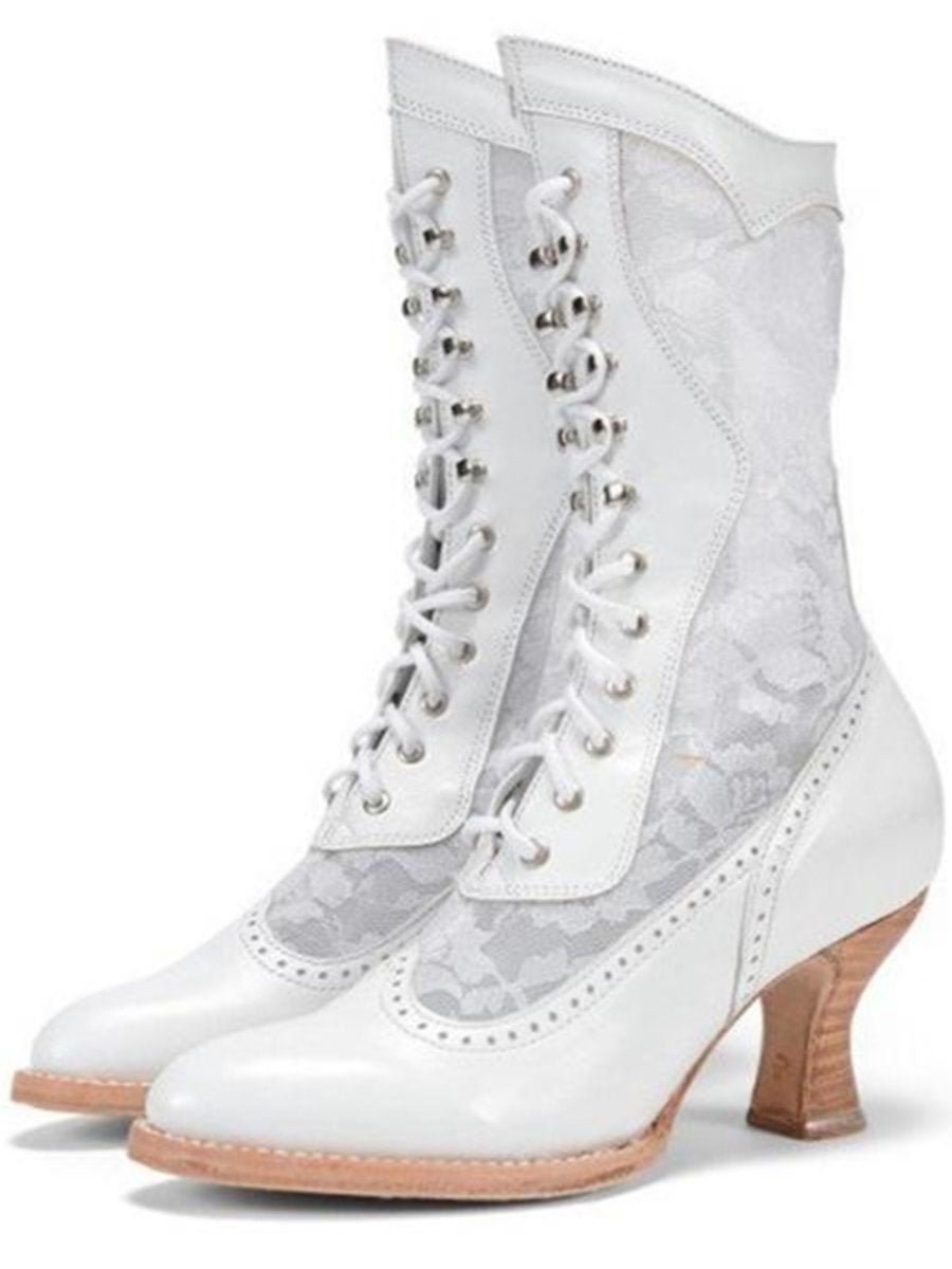 Women's Boots Lace Patchwork Pointed Toe Lace-up Block Heel Boots