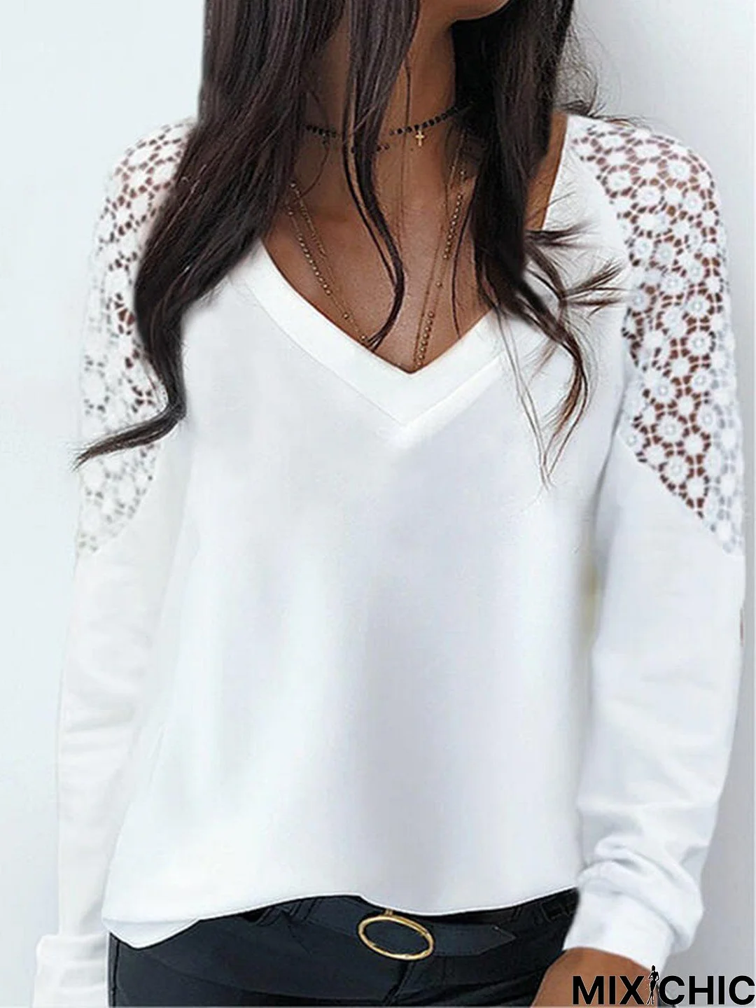 Vintage Lace Long Sleeve V Neck Casual Top