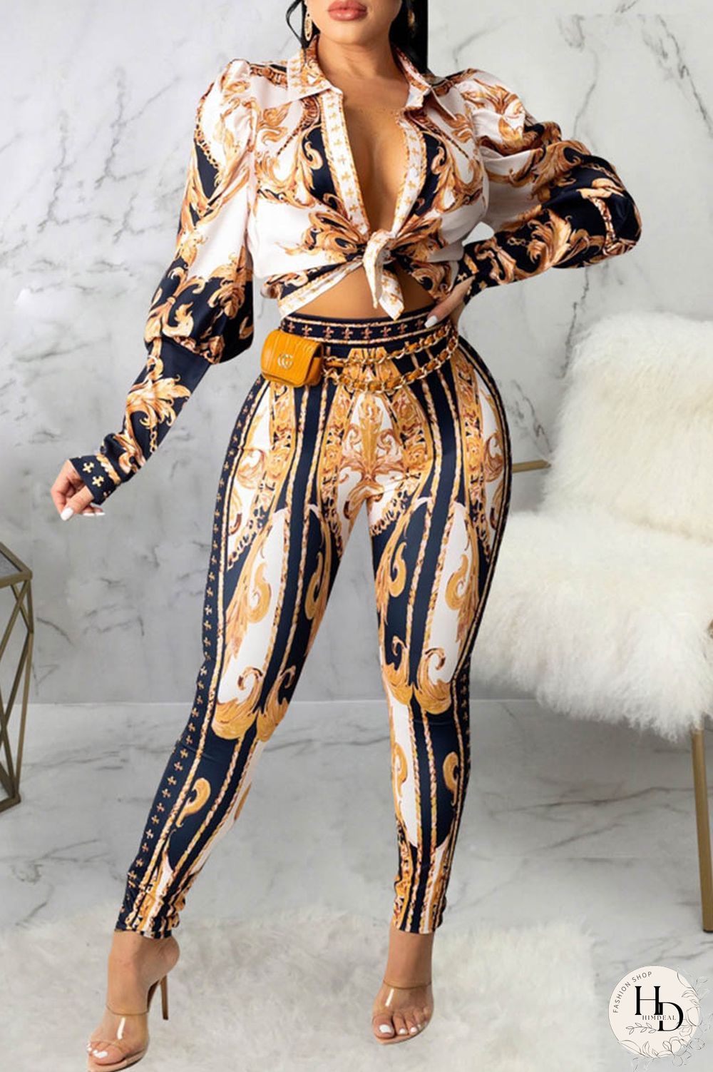Brown Casual Print Patchwork Turndown Collar Long Sleeve Two Pieces