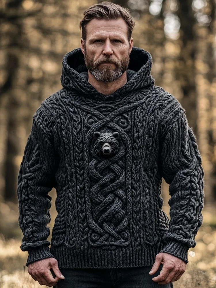 VChics Bear & Celtic Knot Knit Pattern Men's Hooded Sweater
