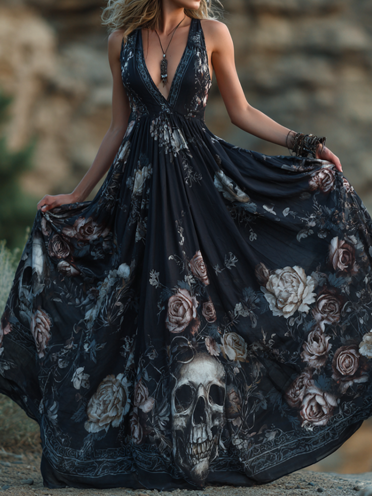 Halloween Skeleton And Rose Pattern Printed Women's V-neck Sleeveless Dress