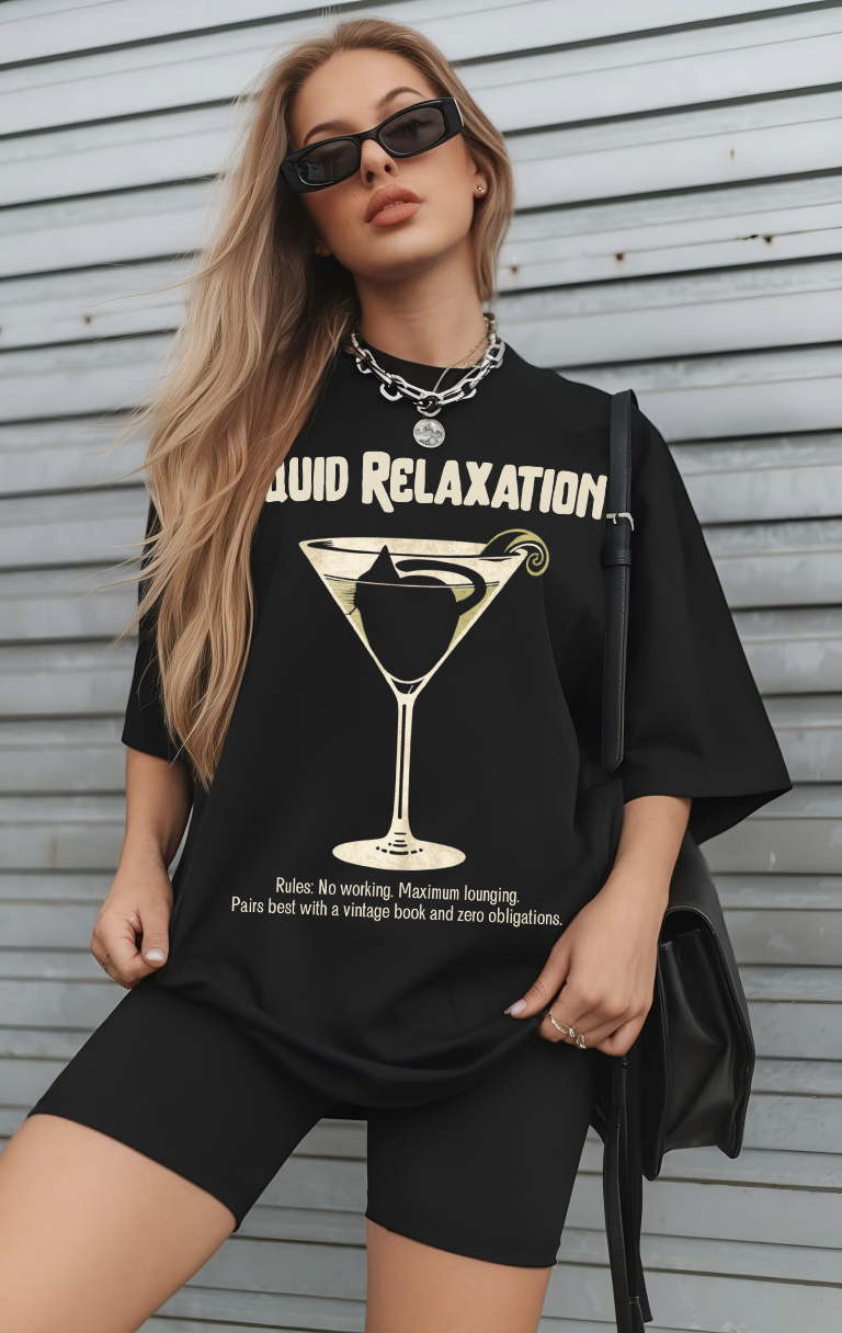 Funny Black Cat Martini Glass T-Shirt Liquid Relaxation Coquette Oversized Tee