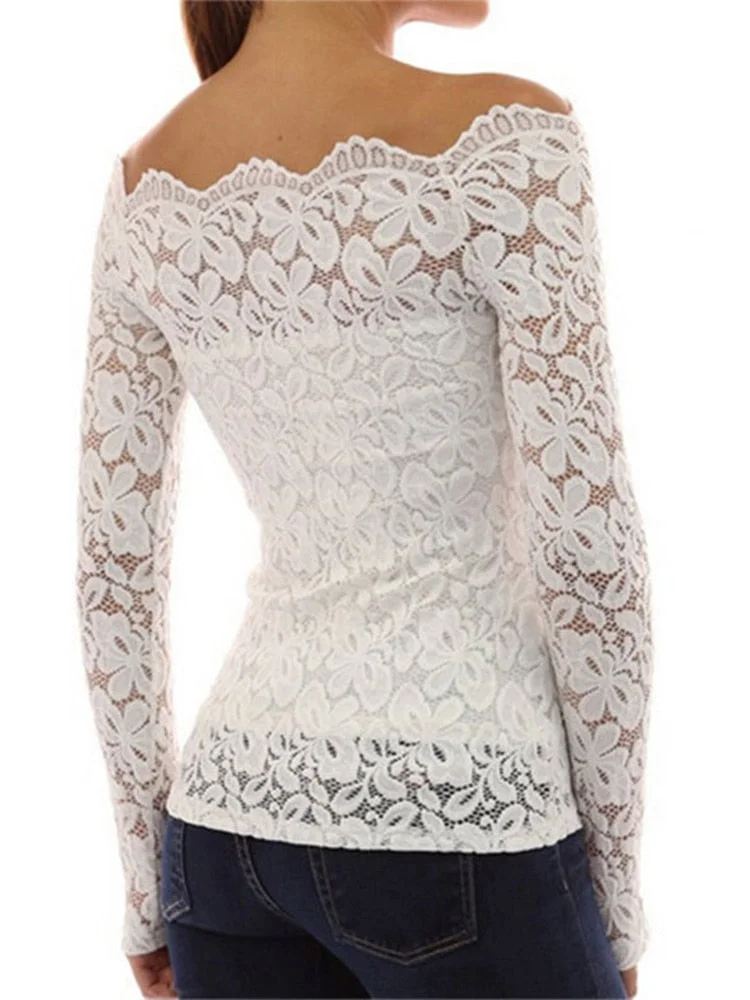 5XL 2022 Summer Tops Lace Shirt Women White Slash Neck Long Sleeve Hollow Tee Shirt Blouse Sexy Skinny Shirt Plus Size Blusas