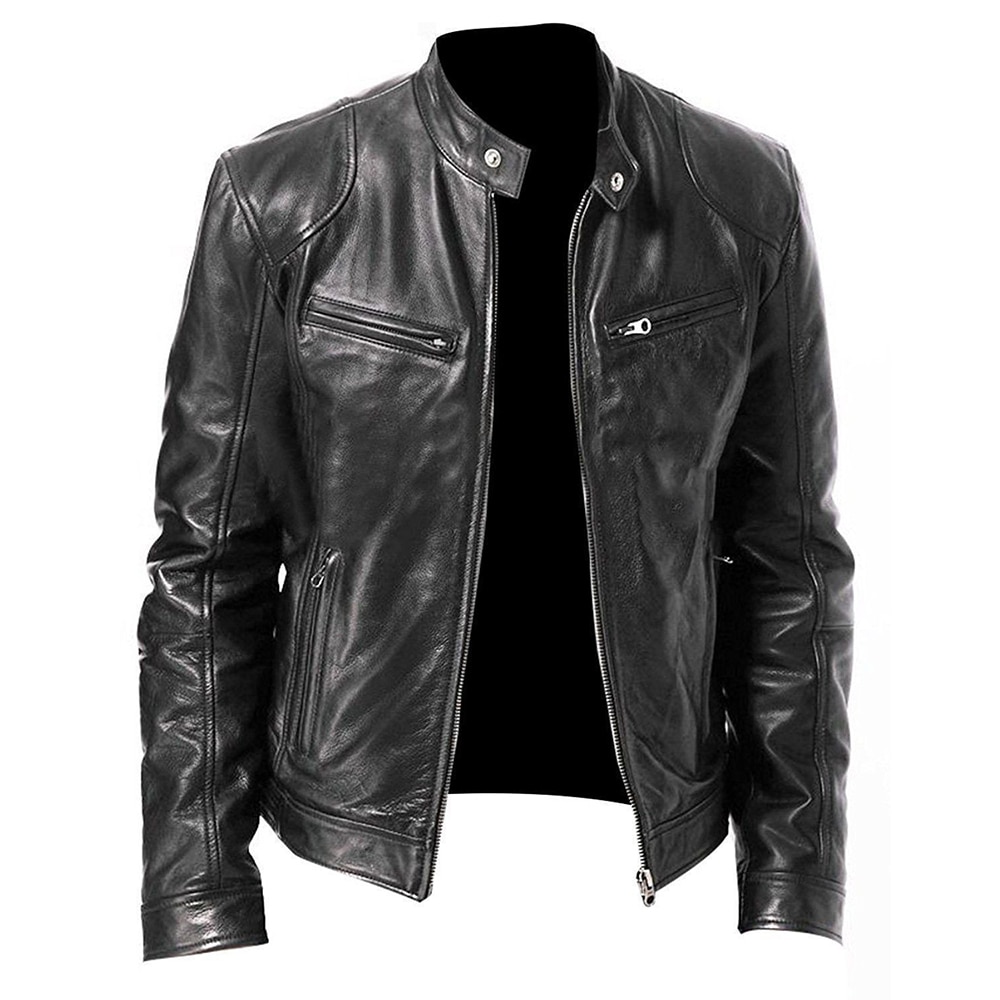 2025 Pu Jacket Men Fashion Leather Jacket Slim Fit Stand Collar Male Anti-wind Motorcycle Lapel Diagonal Zipper Men Coat