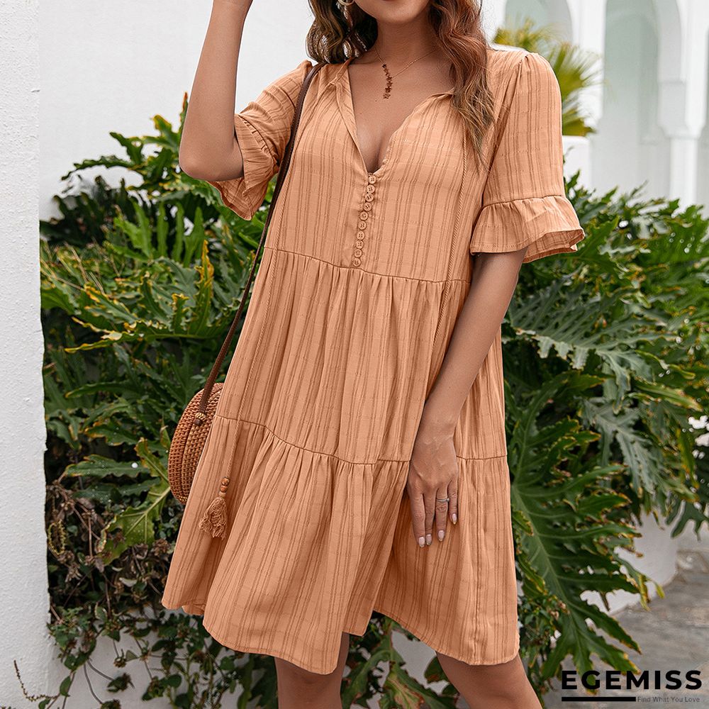 Loose Dress 5-minute Sleeve Medium-length V-neck Dress | EGEMISS