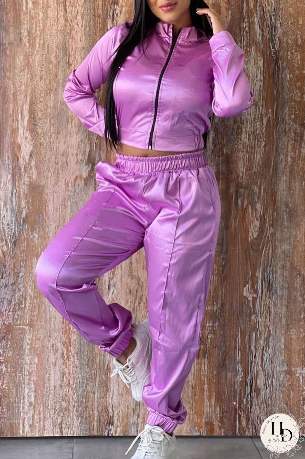 Tangerine Red Casual Sportswear Solid Patchwork Zipper Zipper Collar Long Sleeve Two Pieces