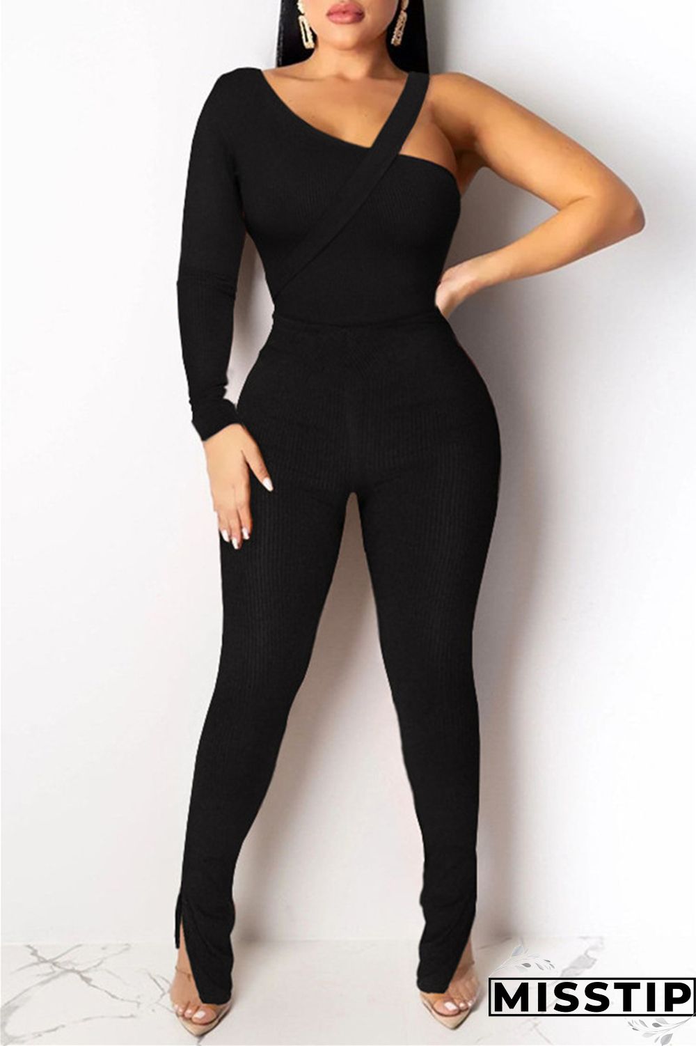 Black Fashion Casual Solid Patchwork Slit Oblique Collar Long Sleeve Two Pieces