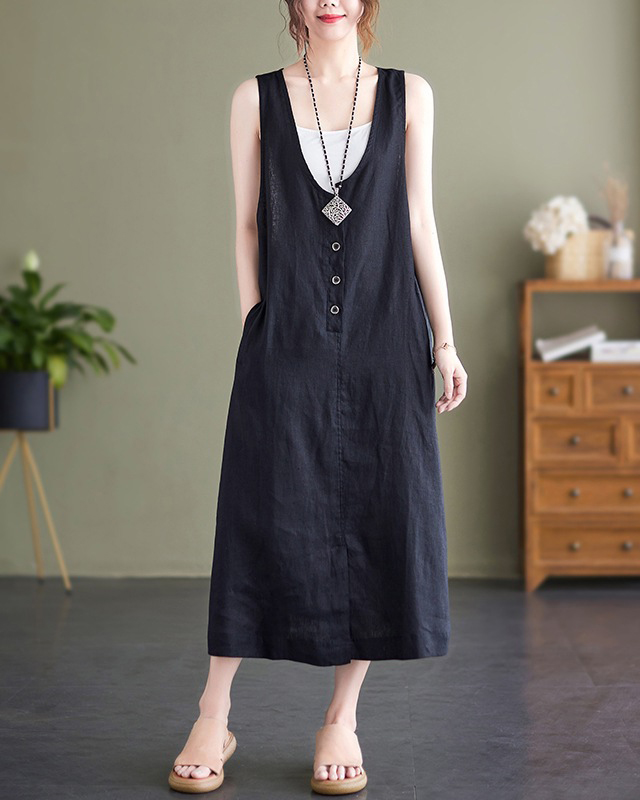 V Neck Sleeveless Button A-Line Linen Midi Dress
