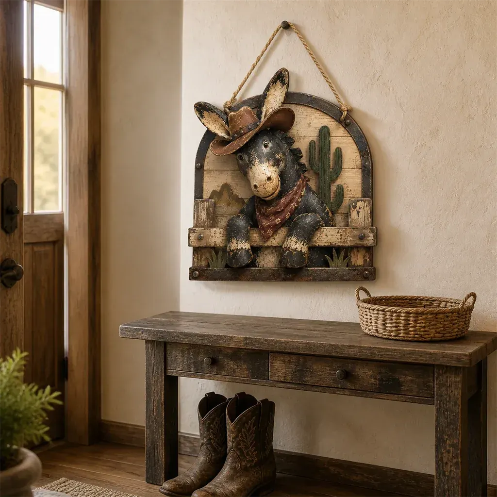 Rustic donkey wall hanging styled above an entryway console Rustic donkey wall hanging styled above an entryway console