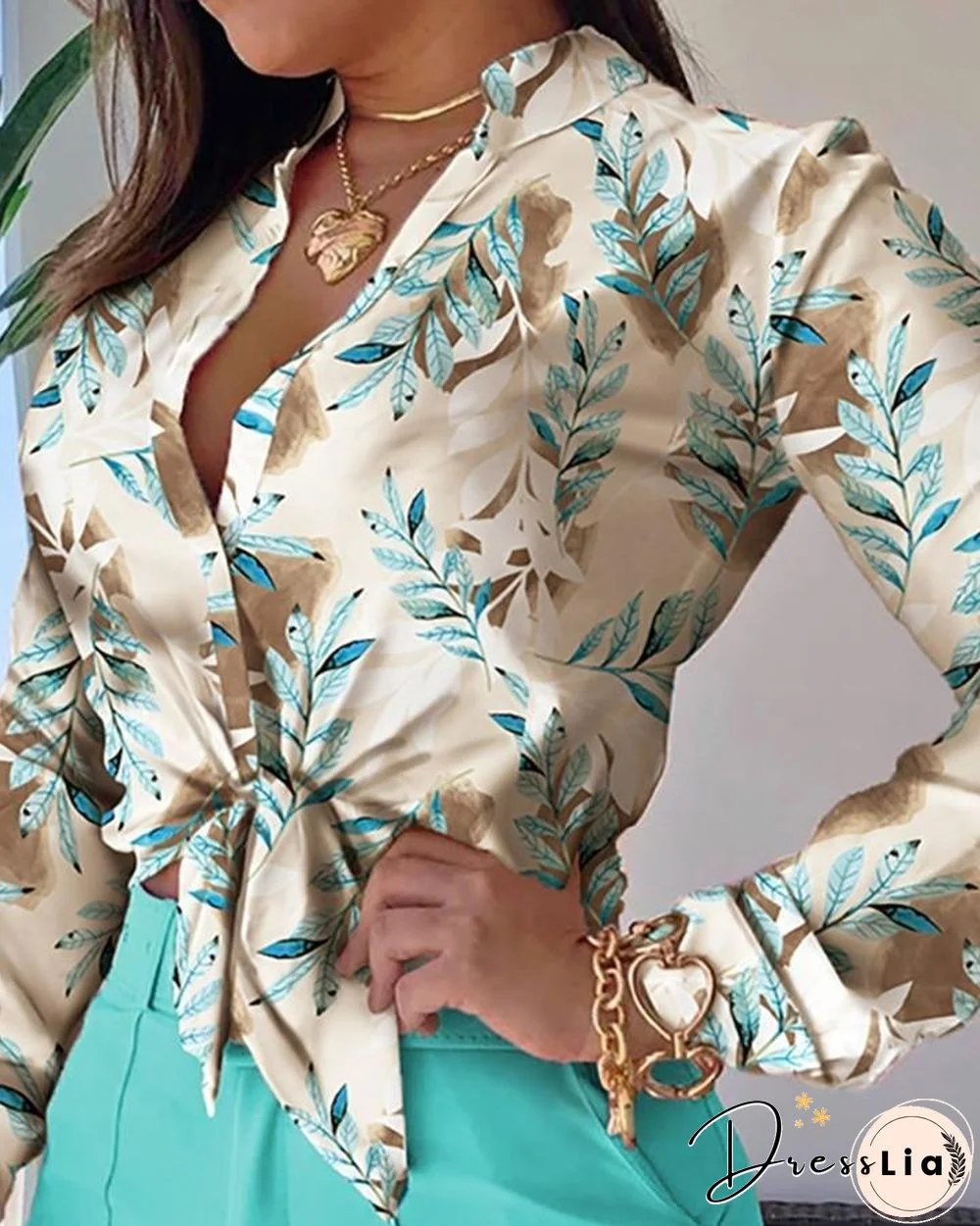 Plants Print Long Sleeve Tie Front Crop Top P14055