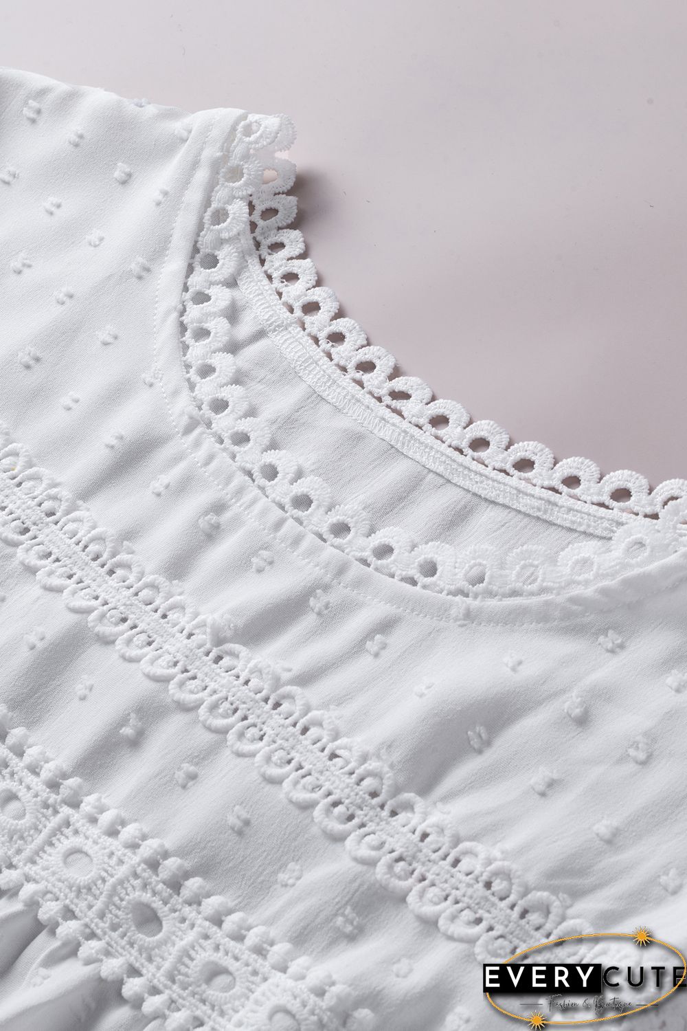 White Swiss Dot Lace Splicing Short Sleeve Top