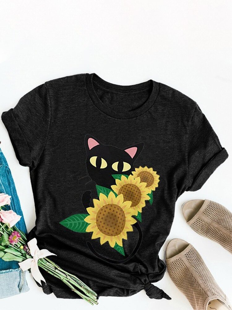 Cartoon Sunflower Printed O Neck Short Sleeve T shirt P1700646