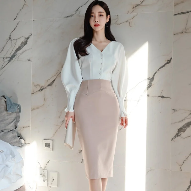 UForever21 Skirt Two Piece Set Office Lady Temperament White Shirt Tops + High Waist Bodycon Knee-Length Pencil Skirts Suits Women Outfits