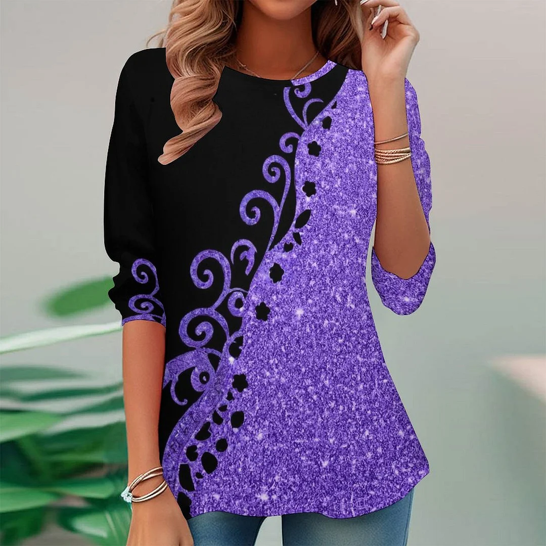 Vintage Printed Long Sleeve Plus Size Tunic for  Women and Men Unisex Pattern Purple,Floral,Glitter