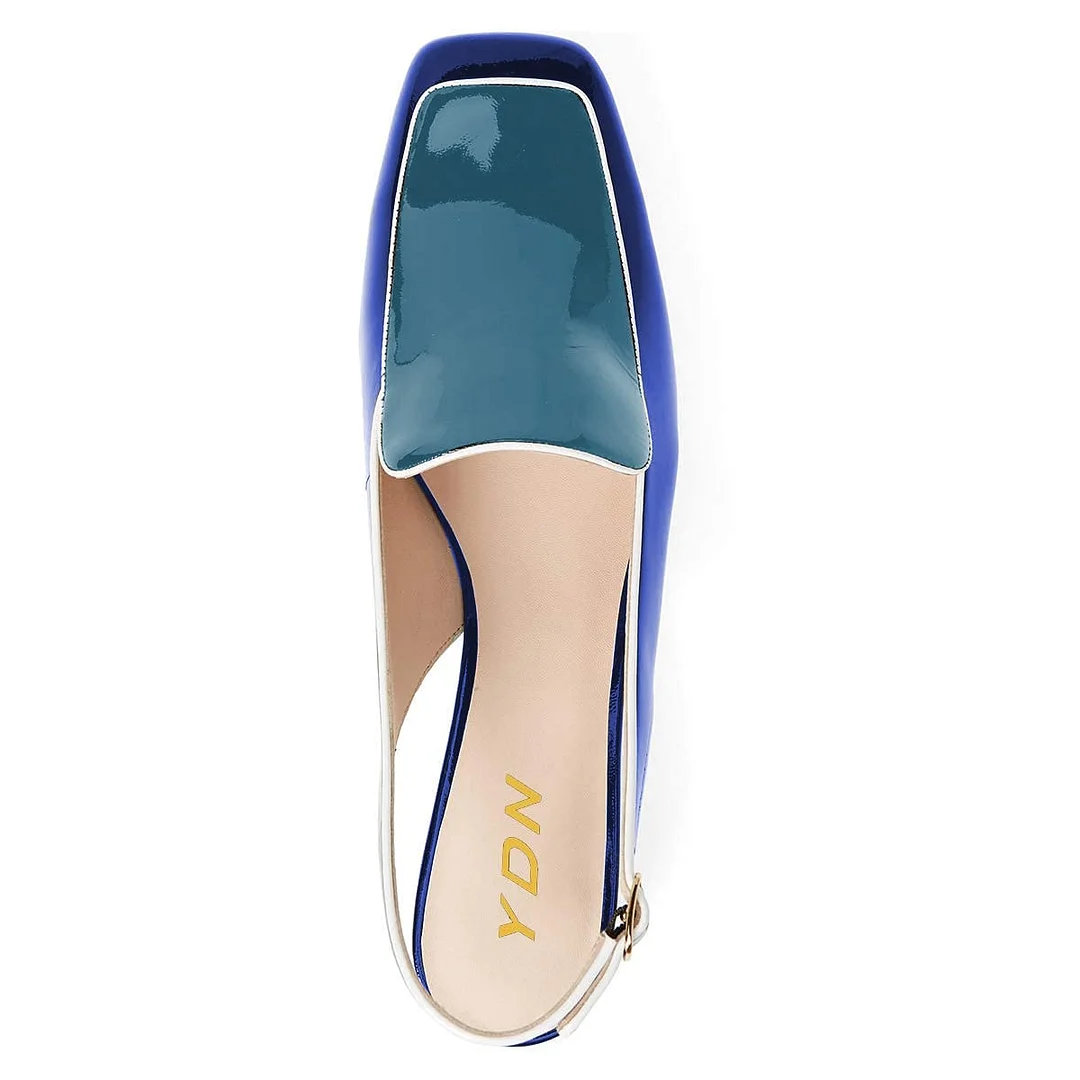 Blue Patent Leather Square-Toe Slingback Loafers with Chunky Heels