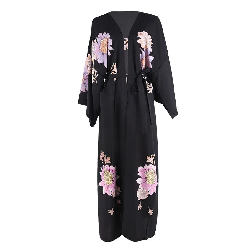 Fitshinling Dragon Print Chinese Style Kimono Flare Sleeve Vintage Oversized Beach Cover Up Sexy Simwear Boho Long Cardigan 2021